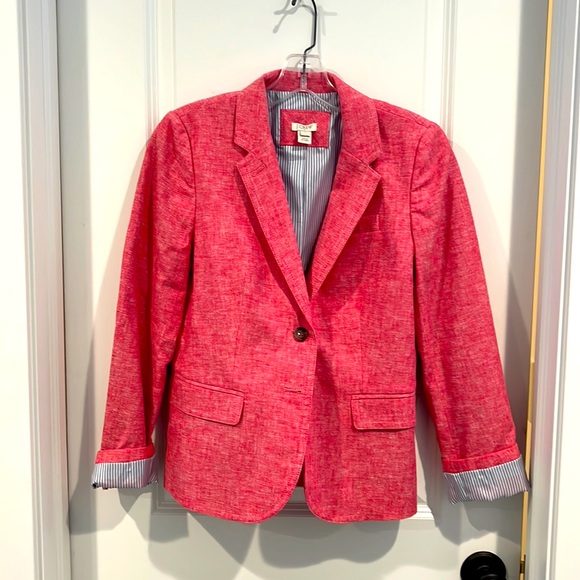 LIKE NEW j crew linen blazer size 4 in summer pink with blue stripe lining